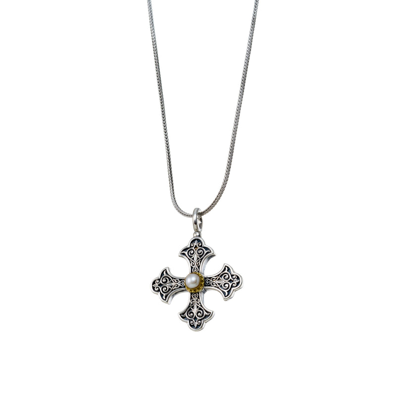 Aretousa Silver Faced Fleury Greek Cross (Large)- 18k Gold and Sterling Silver - Orthodox Cross