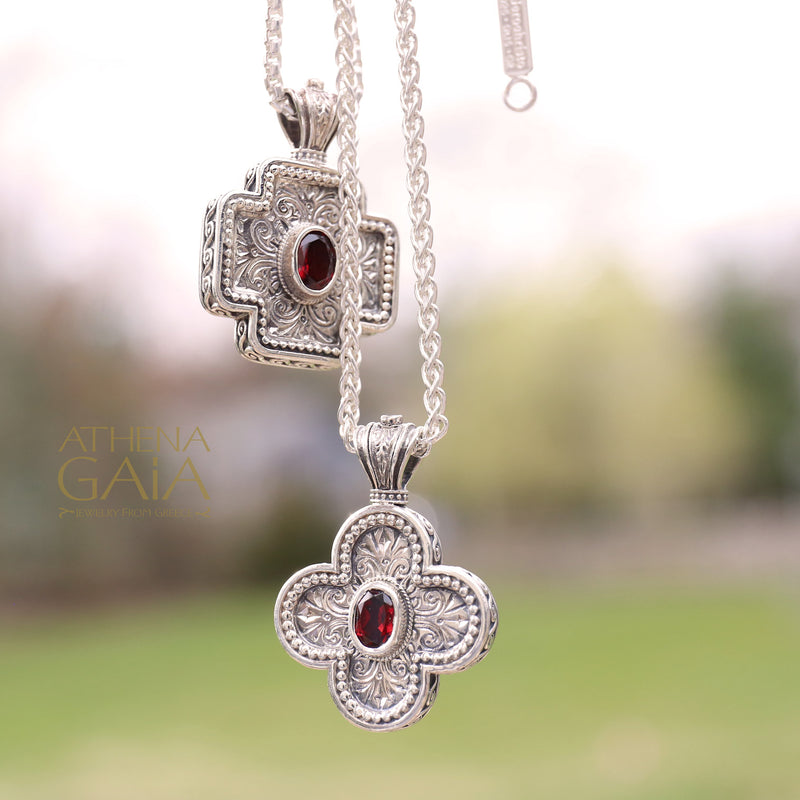 Rounded Greek Cross - Sterling Silver with Center Stone - Orthodox Cross Necklace