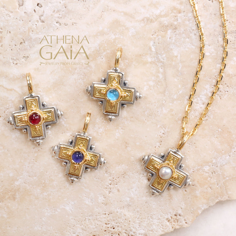 Rustic Stone Cross (Small) - 18k Gold & Sterling Silver - Greek Cross Necklace