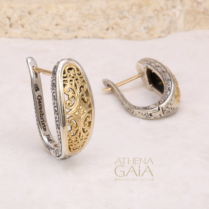 Mediterranean Filigree Omega Half Hoop Earrings - 18k Gold & Sterling Silver