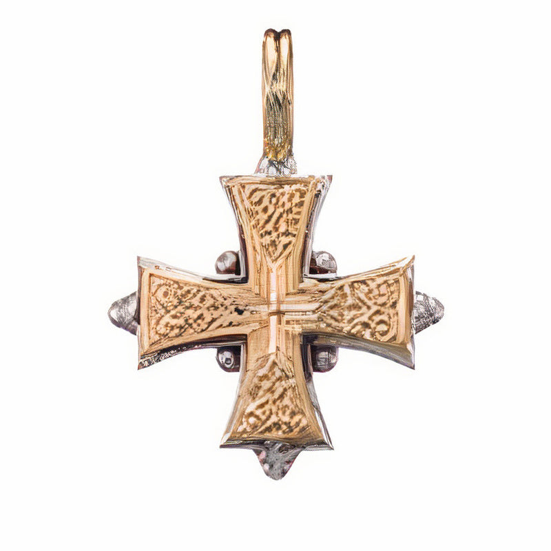 Cross-in-Cross Etched Cross (Small) - 18k Gold & Sterling Silver - Byzantine Cross Necklace