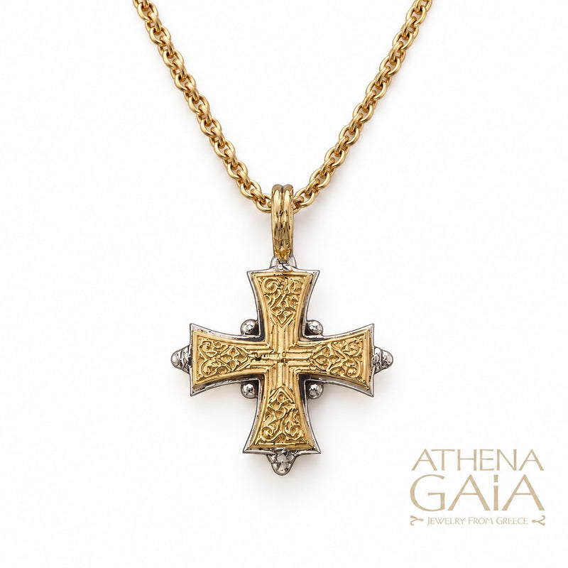 Cross-in-Cross Etched Cross (Small) - 18k Gold & Sterling Silver - Maltese Cross Necklace