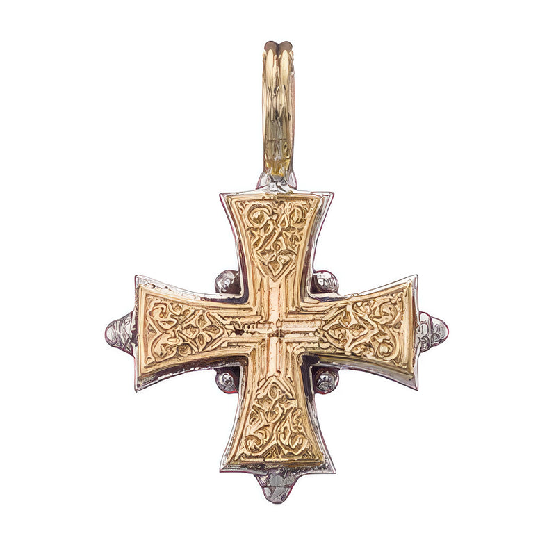 Cross-in-Cross Etched Cross (Small) - 18k Gold & Sterling Silver - Byzantine Cross Necklace