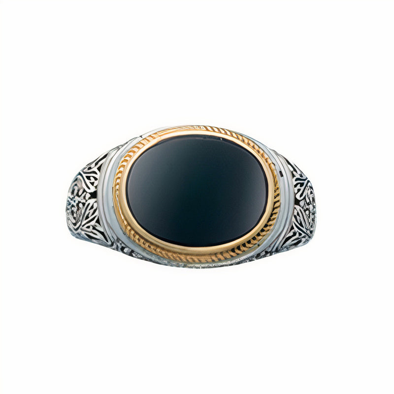 Etched Oval Ring - 18k Gold & Sterling Silver Ring - Signet Ring