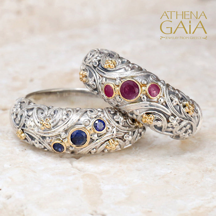 Meadow Breeze Stone Path Floral Band Ring - 18k Gold & Sterling Silver Ring - Stackable Ring (In-Stock)