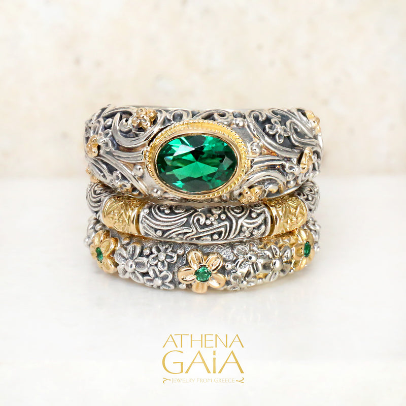 3-Ring Meadow Breeze Color Classic Triple Stack - 18k Gold & Sterling Silver Ring - Stackable Ring