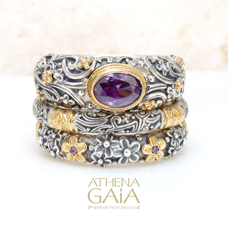 3-Ring Meadow Breeze Color Classic Triple Stack - 18k Gold & Sterling Silver Ring - Stackable Ring