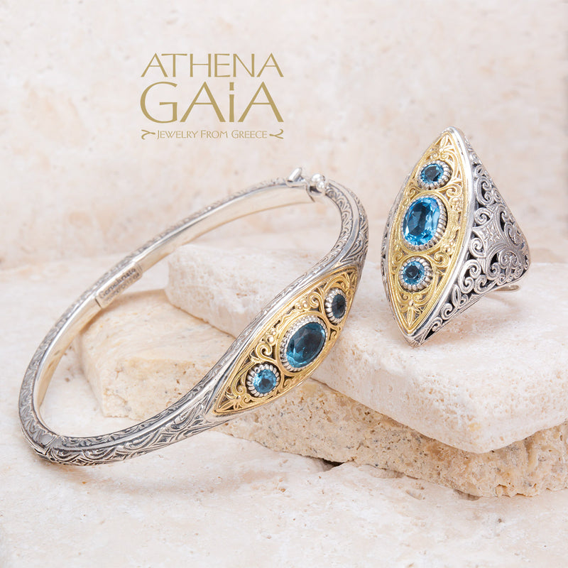 Thalassia Ellipse Bracelet - 18k Gold and Sterling Silver - Hinged Bangle Bracelet