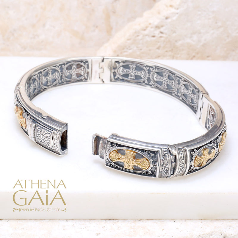 Patmos Crosses Bracelet - 18k Gold & Sterling Silver Bracelet - Hinged Bangle Bracelet