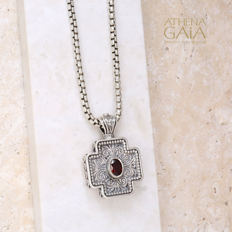 Squared Greek Cross - Sterling Silver with Center Stone - Orthodox Cross Necklace