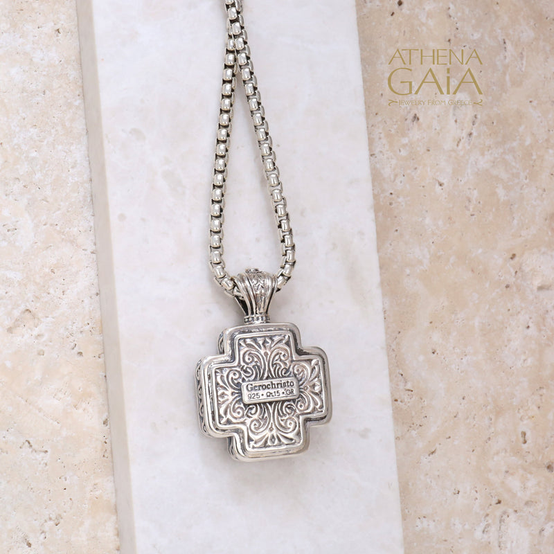 Squared Greek Cross - Sterling Silver with Center Stone - Orthodox Cross Necklace