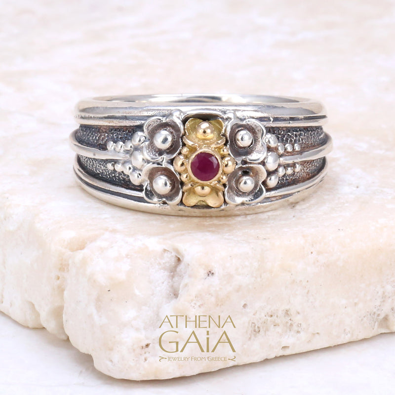 Kassandra Flower with Ruby Ring - 18k Gold & Sterling Silver Ring