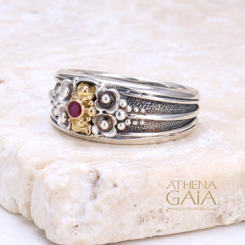 Kassandra Flower with Ruby Ring - 18k Gold & Sterling Silver Ring