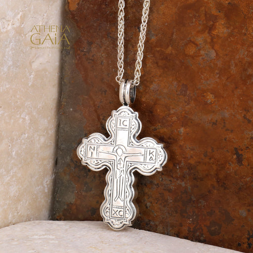 Orthodox Baptism cross necklace in all silver with IC XC NI KA and jesus symbols