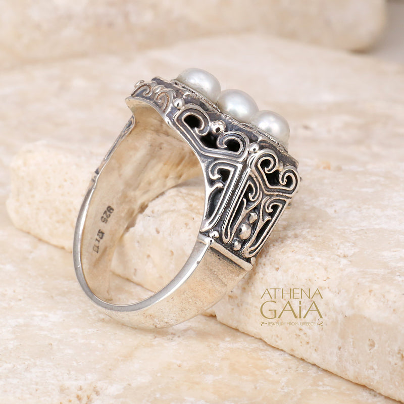 Pearl Eastern Cross Ring - Sterling Silver Ring - Cocktail Ring