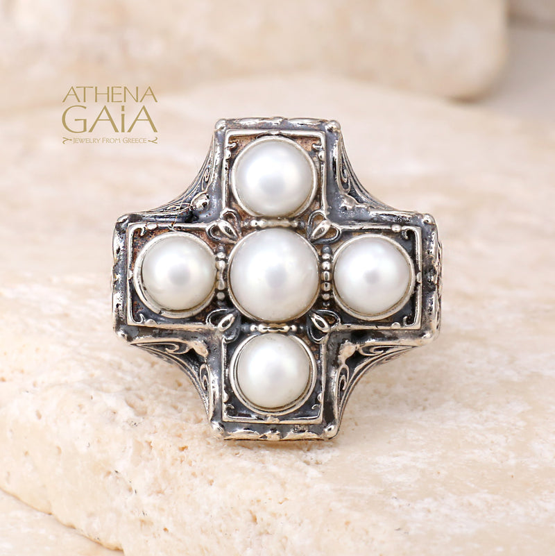 Pearl Eastern Cross Ring - Sterling Silver Ring - Cocktail Ring