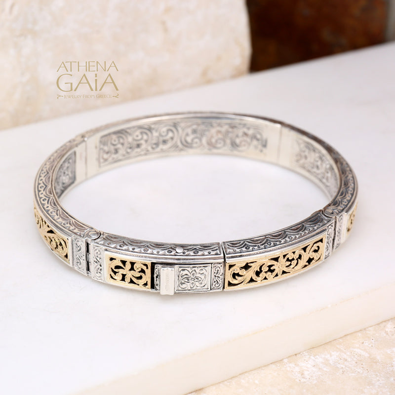 Garden Shadows Bracelet - 18k Gold and Sterling Silver - Hinged Bangle Bracelet