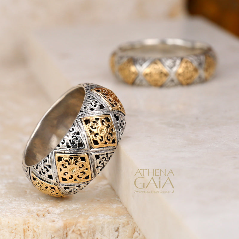Byzantine Checker Wide Ring - 18k Gold & Sterling Silver Ring - Cigar Band Ring