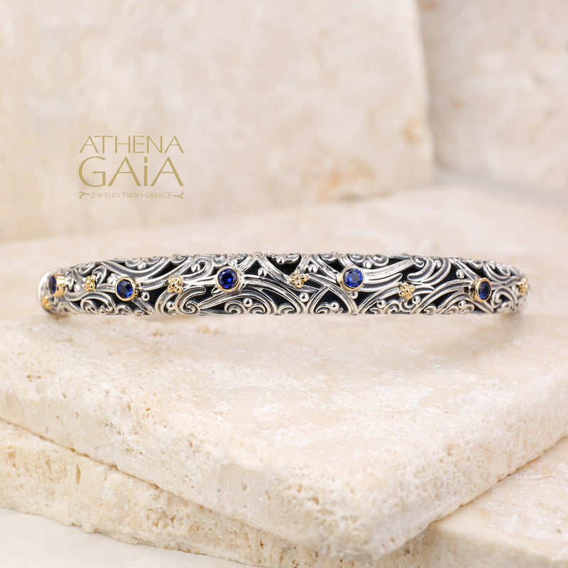 Kynthia Stone Path Bracelet- 18k Gold and Sterling Silver - Hinged Bangle Bracelet