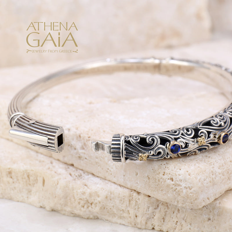 Kynthia Stone Path Bracelet- 18k Gold and Sterling Silver - Hinged Bangle Bracelet