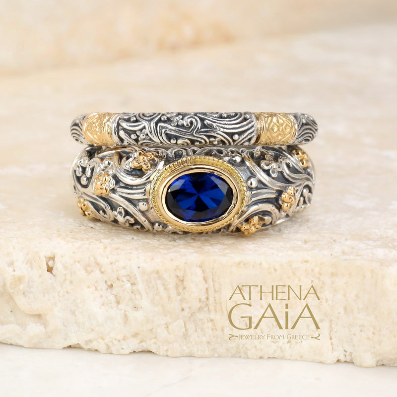 Meadow Breeze Large Stone Classic 2-Ring Stack - 18k Gold & Sterling Silver Ring - Stackable Ring