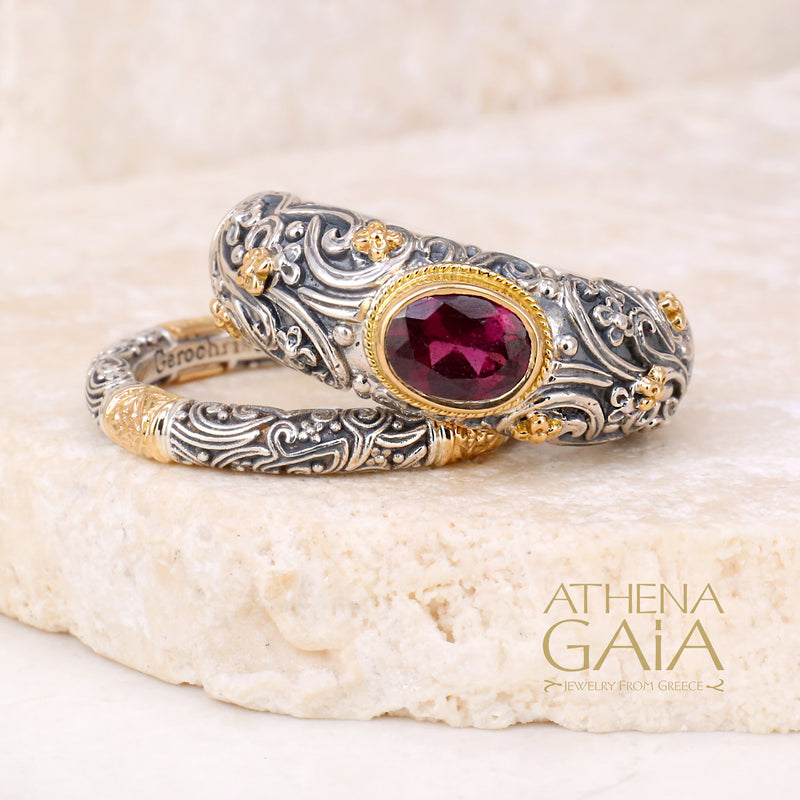 Meadow Breeze Large Stone Classic 2-Ring Stack - 18k Gold & Sterling Silver Ring - Stackable Ring