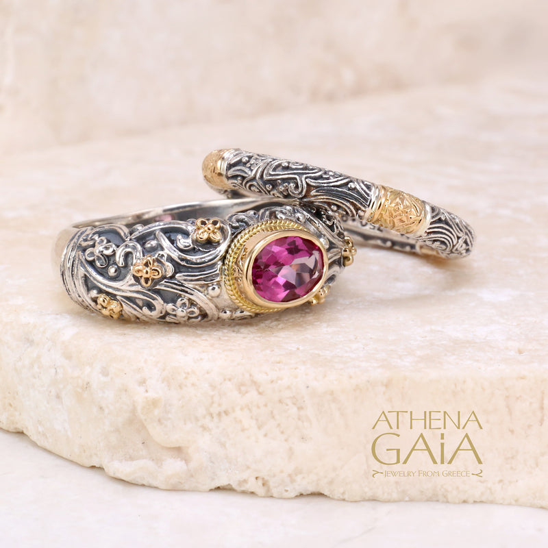 Meadow Breeze Large Stone Classic 2-Ring Stack - 18k Gold & Sterling Silver Ring - Stackable Ring