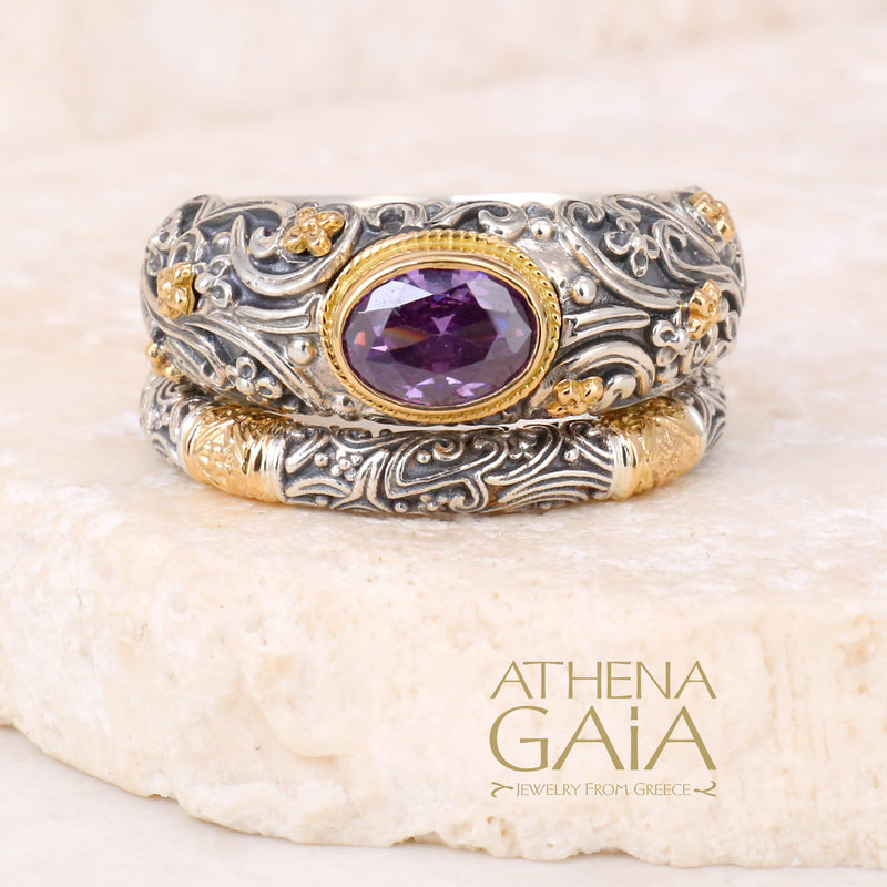 Meadow Breeze Large Stone Classic 2-Ring Stack - 18k Gold & Sterling Silver Ring - Stackable Ring