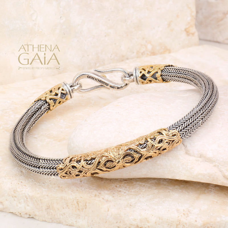 Triple Gold Collar Strap Bracelet - 18k Gold & Sterling Silver