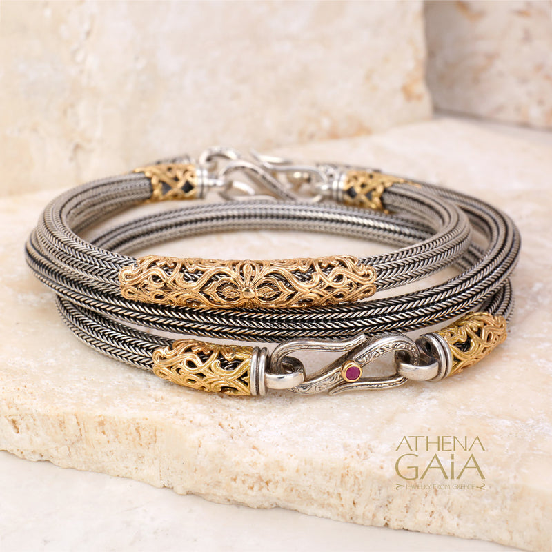 Triple Gold Collar Strap Bracelet - 18k Gold & Sterling Silver