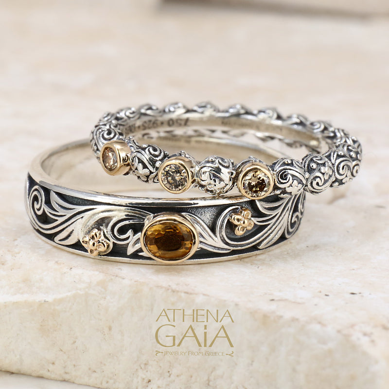 Floral Band Ring - 18k Gold & Sterling Silver Ring - Stackable Ring