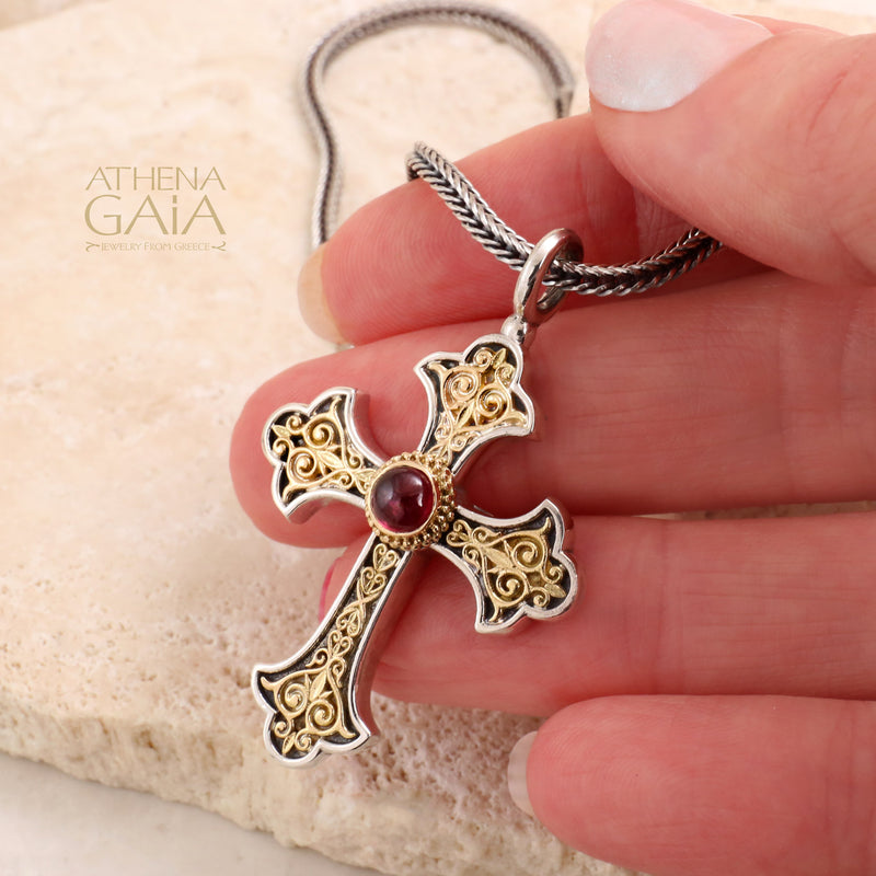 Aretousa Gold Faced Round Bezel Orthodox Cross (Large) - 18k Gold & Sterling Silver