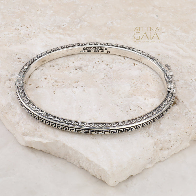 Greek Key Argonaut Bracelet - Sterling Silver Bracelet - Hinged Bangle Bracelet