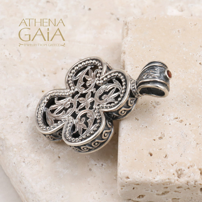 Floral Expanding Greek Cross - Sterling Silver - Orthodox Cross Necklace