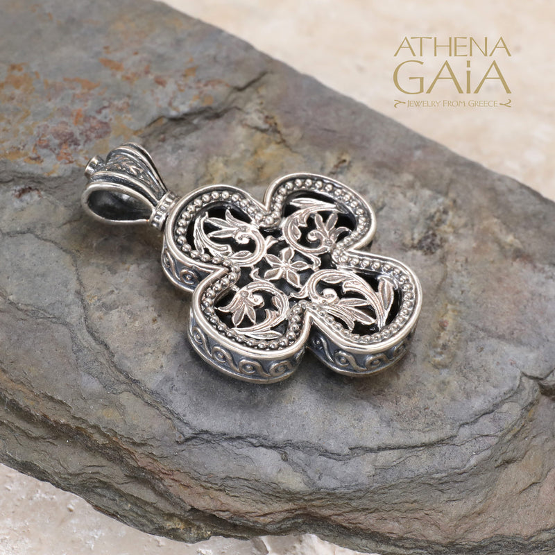 Floral Expanding Greek Cross - Sterling Silver - Orthodox Cross Necklace