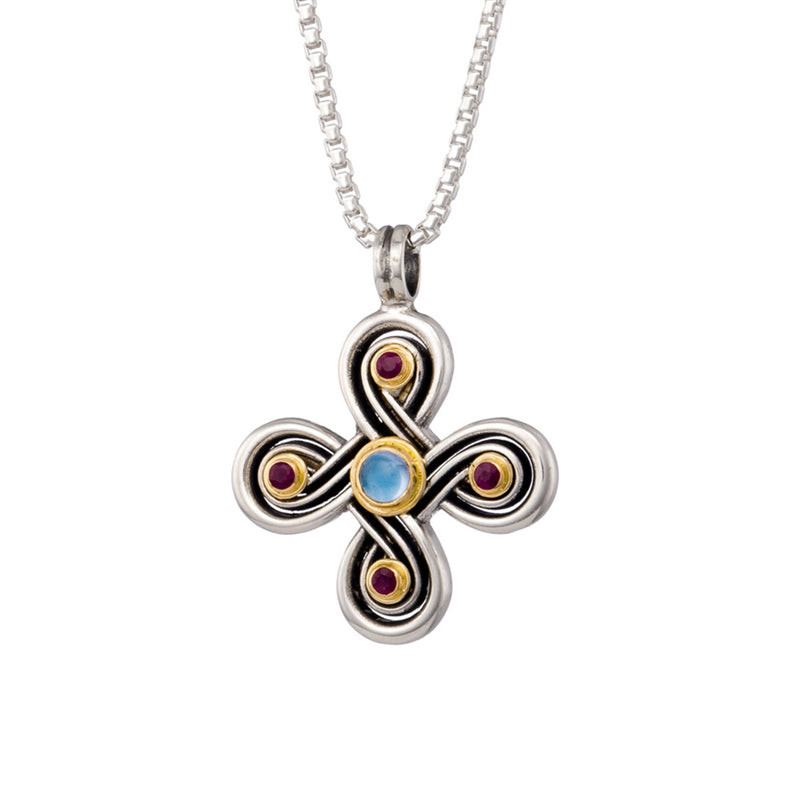 Monastiraki Infinity Multi-Stone Cross (Large) - 18k Gold and Silver - Byzantine Cross