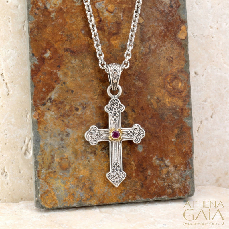 Classic Silver Orthodox Cross with Gemstone (Small) - 18k Gold & Sterling Silver - Orthodox Cross
