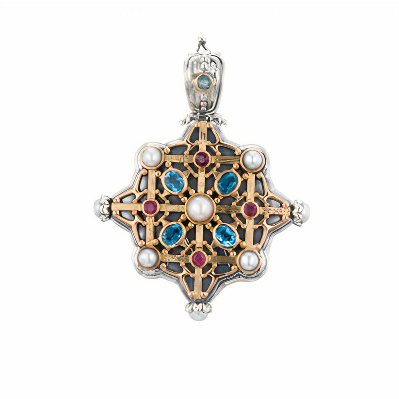 Gold-Faced Stone Encrusted Cross - 18k Gold & Sterling Silver - Byzantine Cross