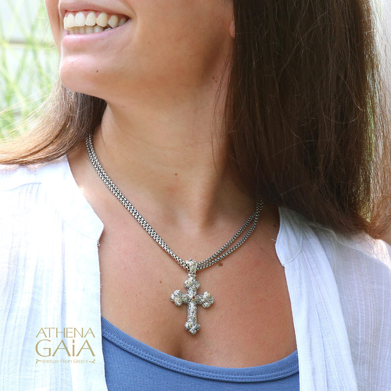 Meadow Breeze Orthodox Cross - 18k Gold & Sterling Silver - Cross Necklace