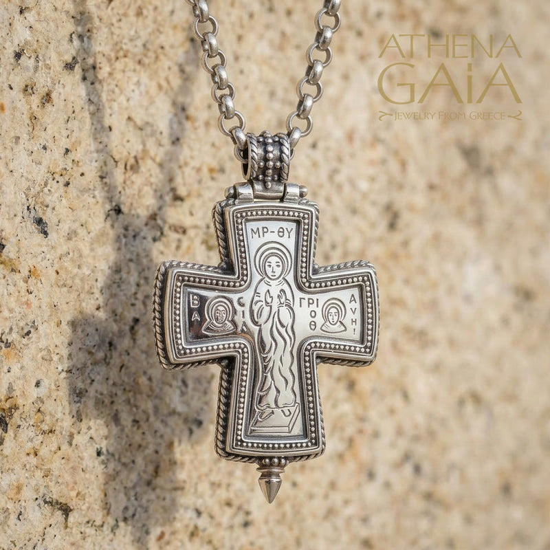 Byzantine Panagia Cross Locket - Etched Sterling Silver Orthodox Pendant - Saint Basil - Saint Gregory