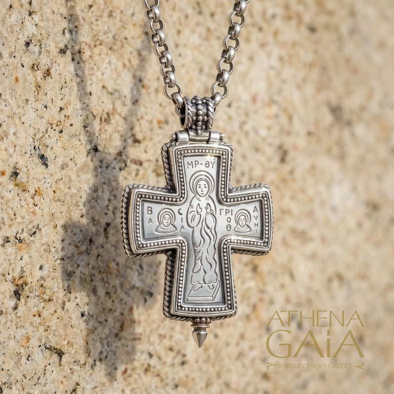 Byzantine Panagia Cross Locket - Etched Sterling Silver Orthodox Pendant - Saint Basil - Saint Gregory