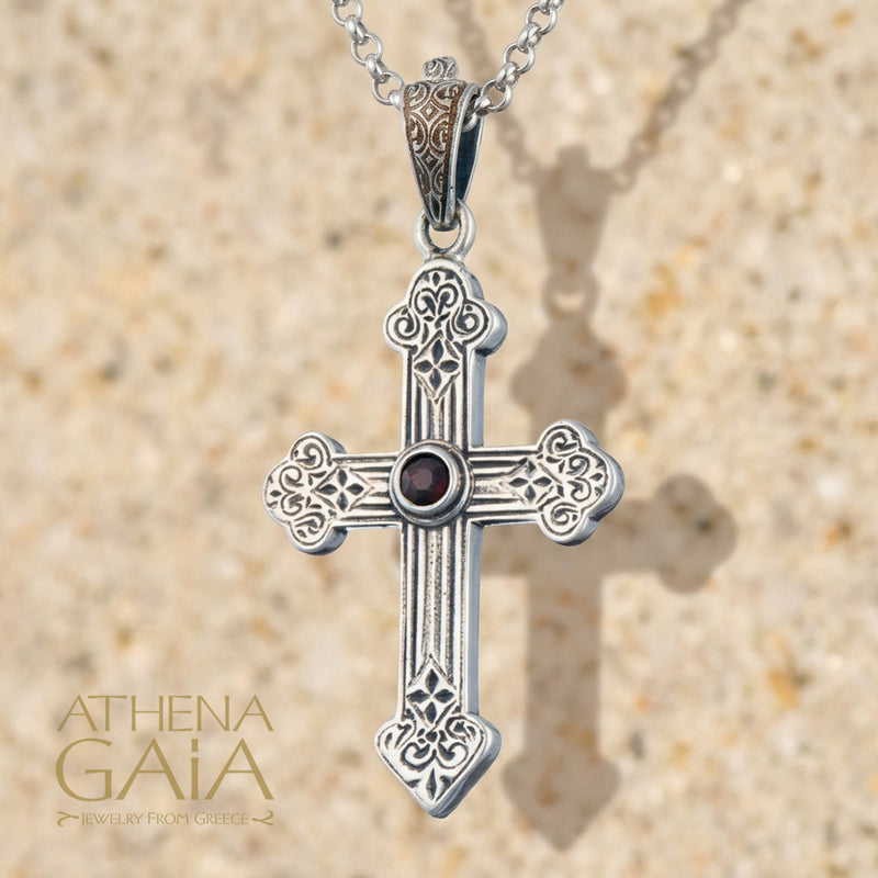 Orthodox Cross with Garnet (Small) - Sterling Silver - Orthodox Cross
