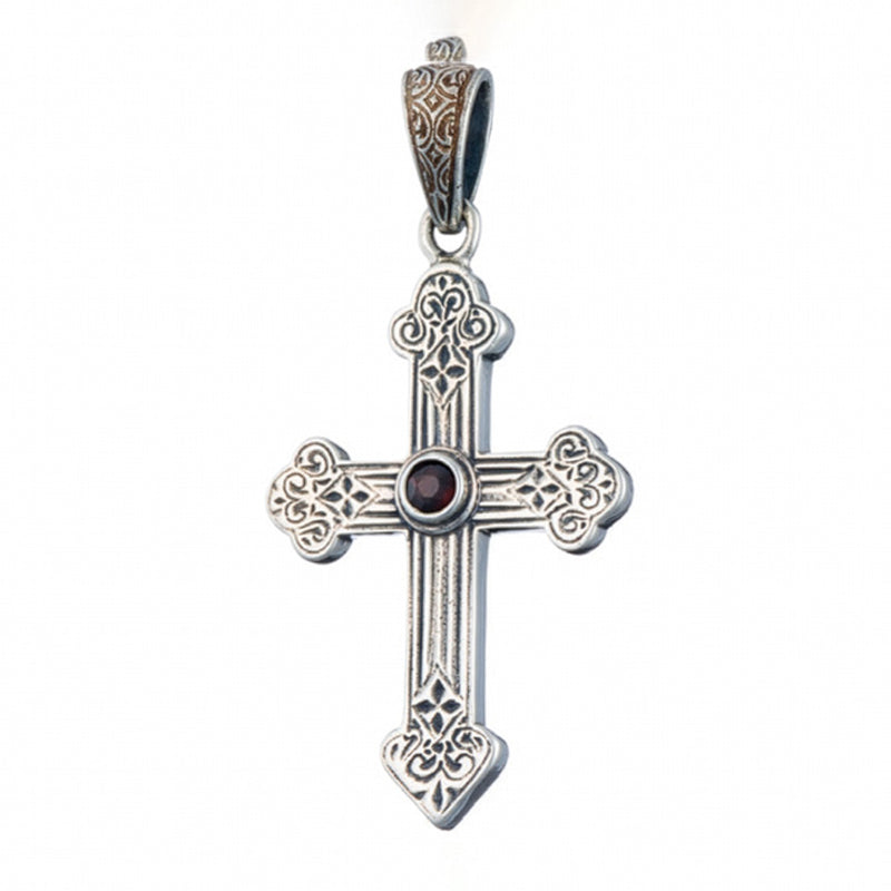 Orthodox Cross with Garnet (Small) - Sterling Silver - Orthodox Cross