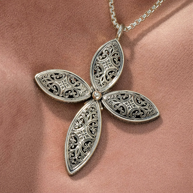 Mediterranean Floral Cross - Sterling Silver - Orthodox Cross Necklace