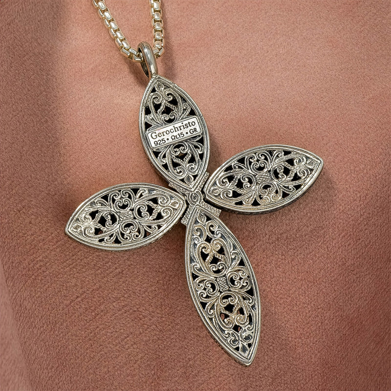 Mediterranean Floral Cross - Sterling Silver - Orthodox Cross Necklace