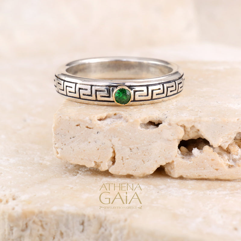Meander with Gemstone Band Ring - 18k Gold & Sterling Silver Ring - Stackable Ring