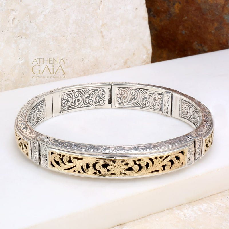 Garden Shadows Bracelet - 18k Gold and Sterling Silver - Hinged Bangle Bracelet