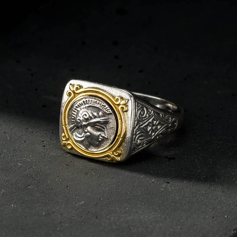 Athena Coin Ring - 18k Gold & Sterling Silver Ring - Signet Ring