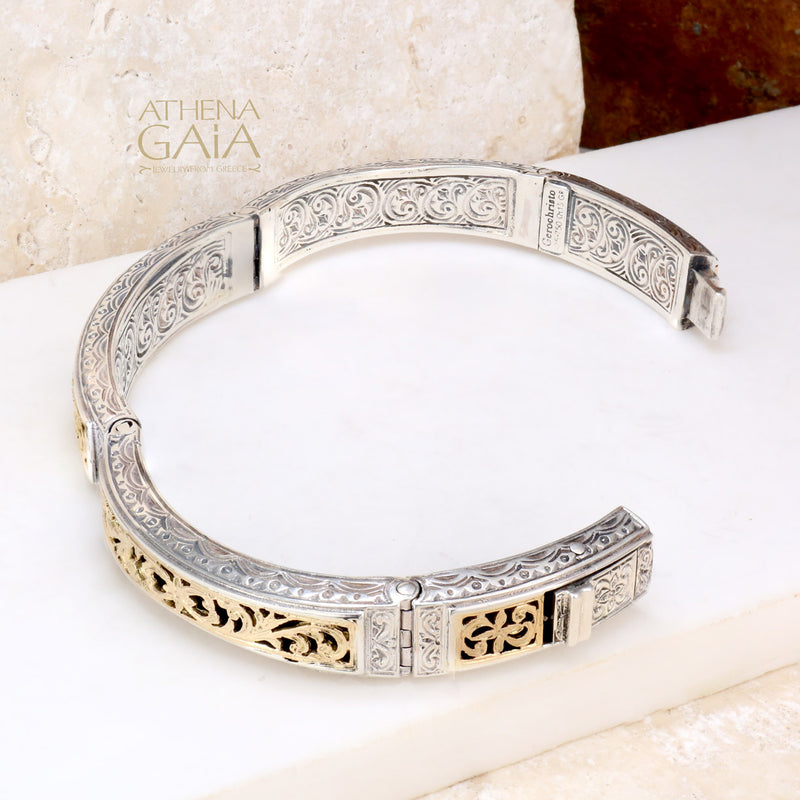Garden Shadows Bracelet - 18k Gold and Sterling Silver - Hinged Bangle Bracelet