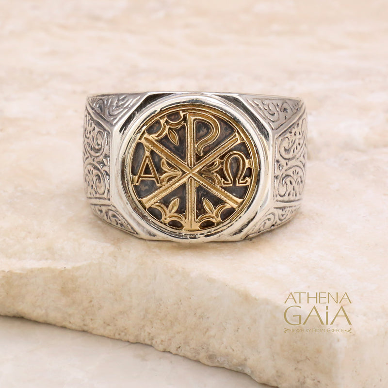 Chi-Rho Mens Club Ring - 18k Gold & Sterling Silver Ring - Signet Ring